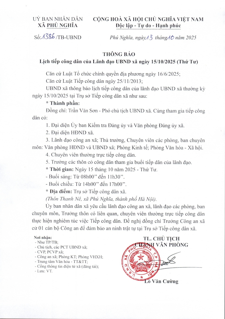 Thông báo lịch tiếp công dân của lãnh đạo Ủy ban nhân dân xã ngày 15/10/2025- Ảnh 1.