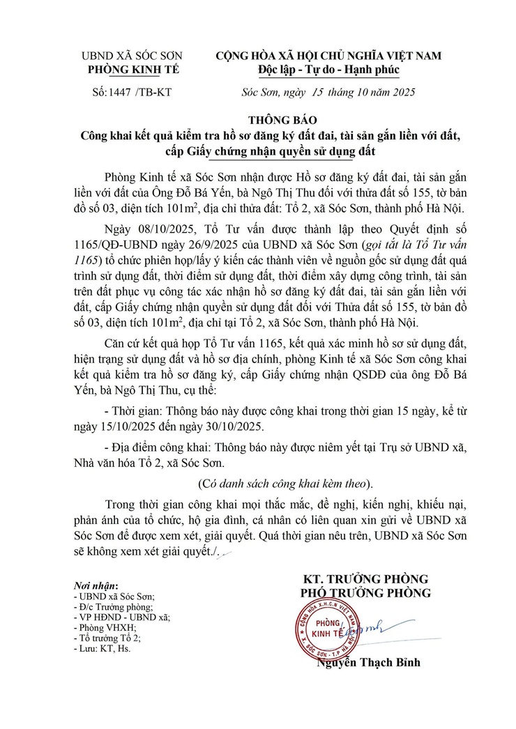 Thông báo Công khai kết quả kiểm tra hồ sơ đăng ký đất đai, tài sản gắn liền với đất, cấp Giấy chứng nhận quyền sử dụng đất.- Ảnh 1.