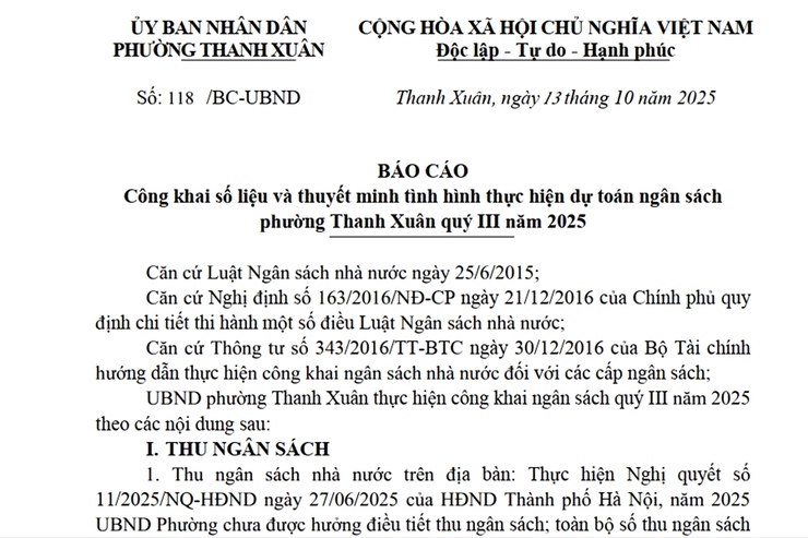 Công khai số liệu và thuyết minh tình hình thực hiện dự toán ngân sách phường Thanh Xuân quý III năm 2025- Ảnh 1.