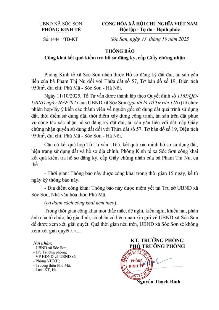 Thông báo Công khai kết quả kiểm tra hồ sơ đăng ký, cấp Giấy chứng nhận- Ảnh 1.