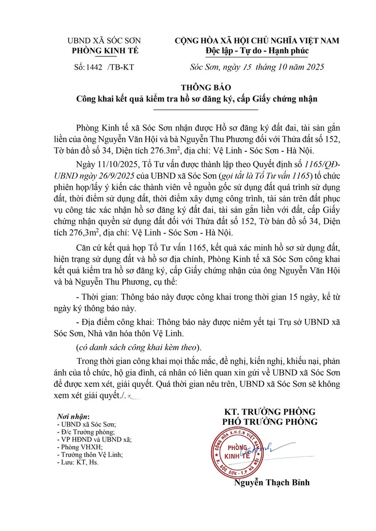 Thông báo Công khai kết quả kiểm tra hồ sơ đăng ký, cấp Giấy chứng nhận.- Ảnh 1.