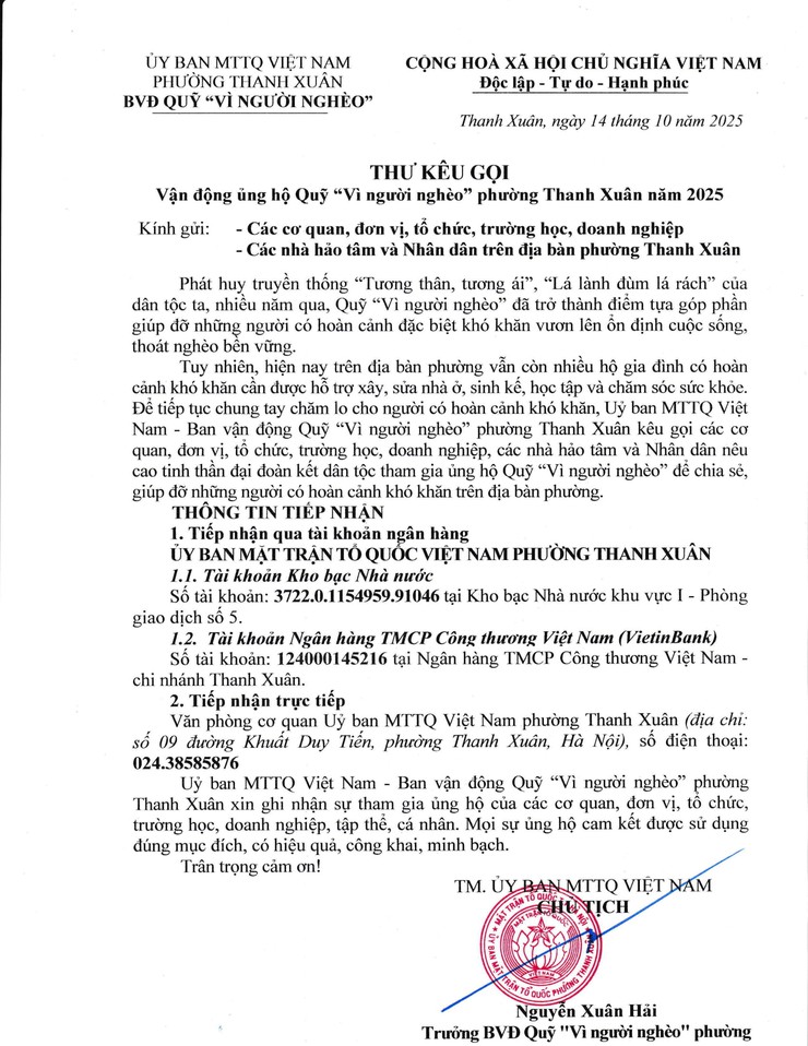 Thư kêu gọi vận động ủng hộ Quỹ "Vì người nghèo" phường Thanh Xuân năm 2025- Ảnh 1.