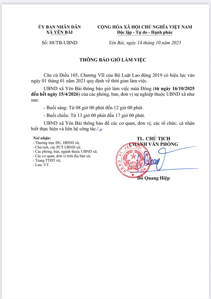 UBND xã Yên Bài thông báo giờ làm việc mùa Đông- Ảnh 1.