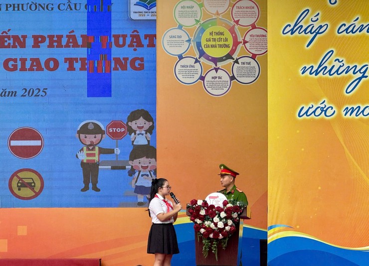 Công an phường Cầu Giấy tổ chức ngoại khóa tuyên tuyền pháp luật về trật tự an toàn giao thông cho học sinh trường THCS Dịch Vọng - Ảnh 6.