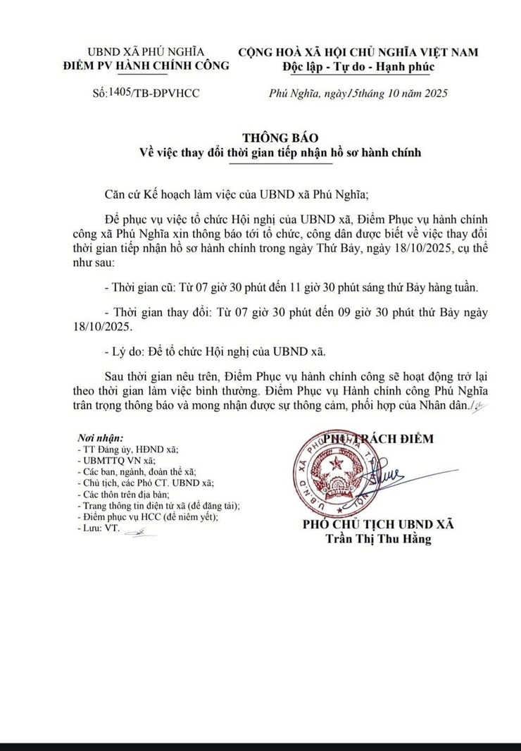 Thông báo về việc thay đổi thời gian tiếp nhận hồ sơ hành chính- Ảnh 1.