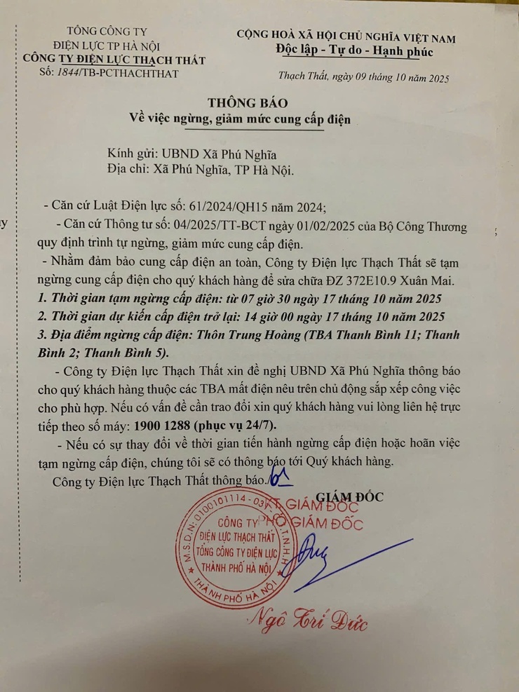Thông báo về việc ngừng, giảm mức cung cấp điện- Ảnh 1.