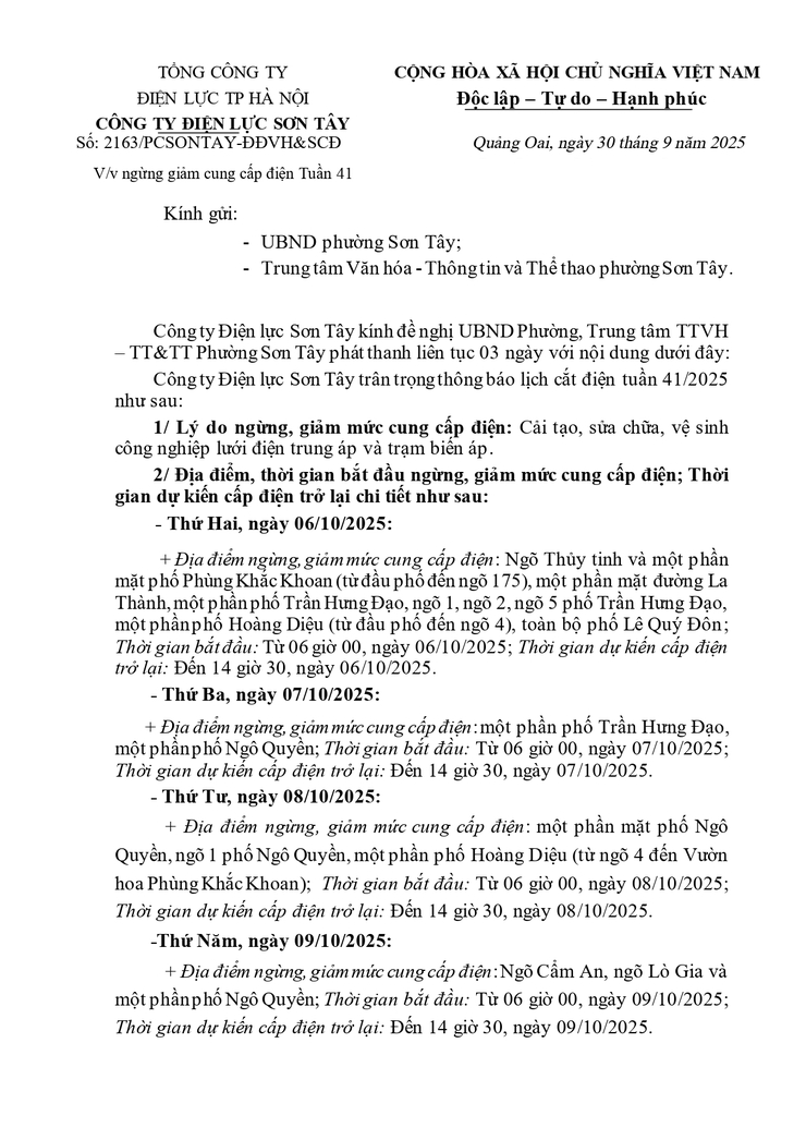 Thông báo về việc ngừng giảm cung cấp điện Tuần 41 của Công ty Điện lực Sơn Tây- Ảnh 1.