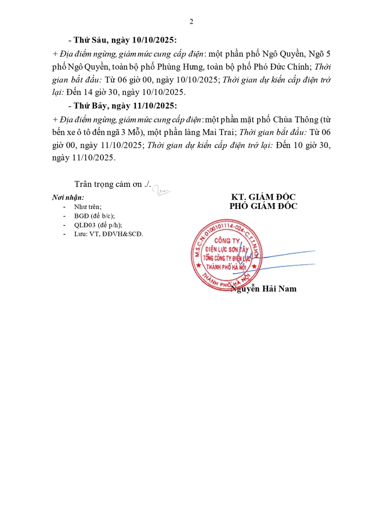 Thông báo về việc ngừng giảm cung cấp điện Tuần 41 của Công ty Điện lực Sơn Tây- Ảnh 2.