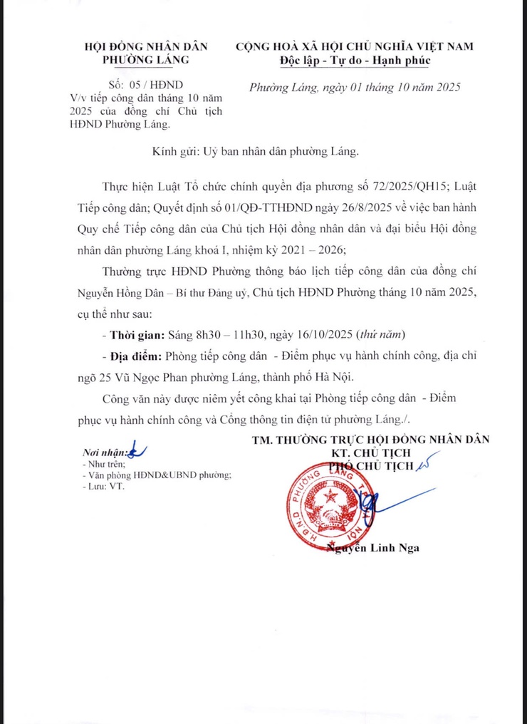 Hội Đồng nhân dân phường Láng thông báo lịch tiếp công dân tháng 10  - Ảnh 1.