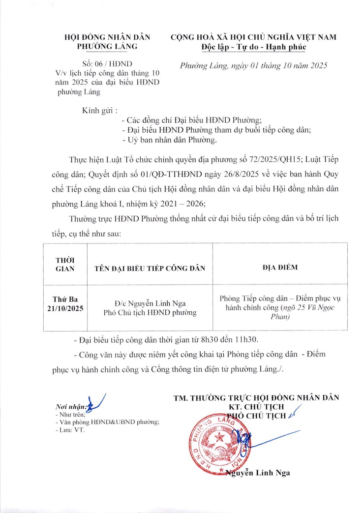 Hội Đồng nhân dân phường Láng thông báo lịch tiếp công dân tháng 10  - Ảnh 2.