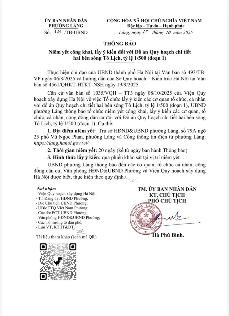 Niên yết công khai, lấy ý kiến đối với Đồ án Quy hoạch chi tiết hai bên sông Tô Lịch, tỷ lệ 1/500 (đoạn 1)- Ảnh 1.