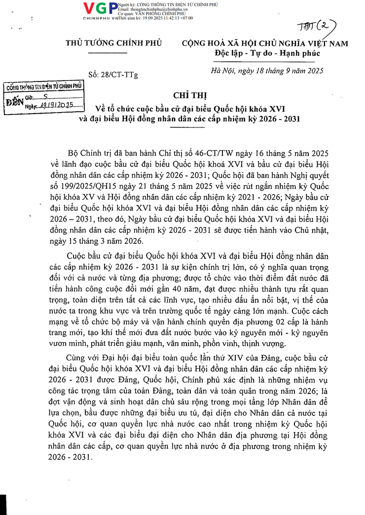 Chỉ thị về tổ chức cuộc bầu cử đại biểu Quốc hội khóa XVI và đại biểu Hội đồng nhân dân các cấp nhiệm kỳ 2026 - 2031- Ảnh 1.