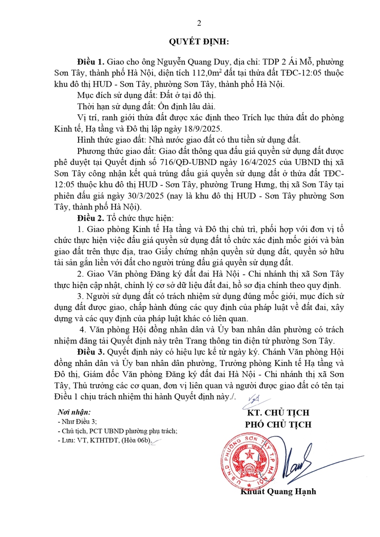 Thông báo công khai Quyết định về việc giao đất cho người trúng đấu giá Quyền sử dụng đất- Ảnh 2.