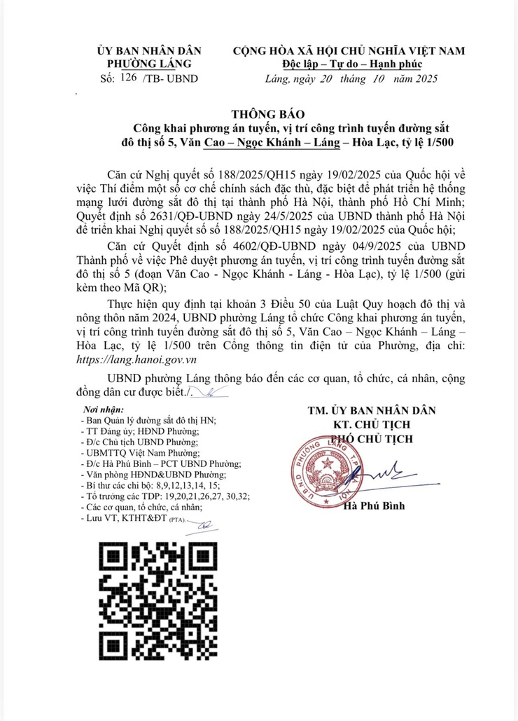 Công khai phương án tuyến, vị trí công trình tuyến đường sắt đô thị số 5, Văn Cao - Ngọc Khánh - Láng - Hoà Lạc, tỷ lệ 1/500- Ảnh 2.