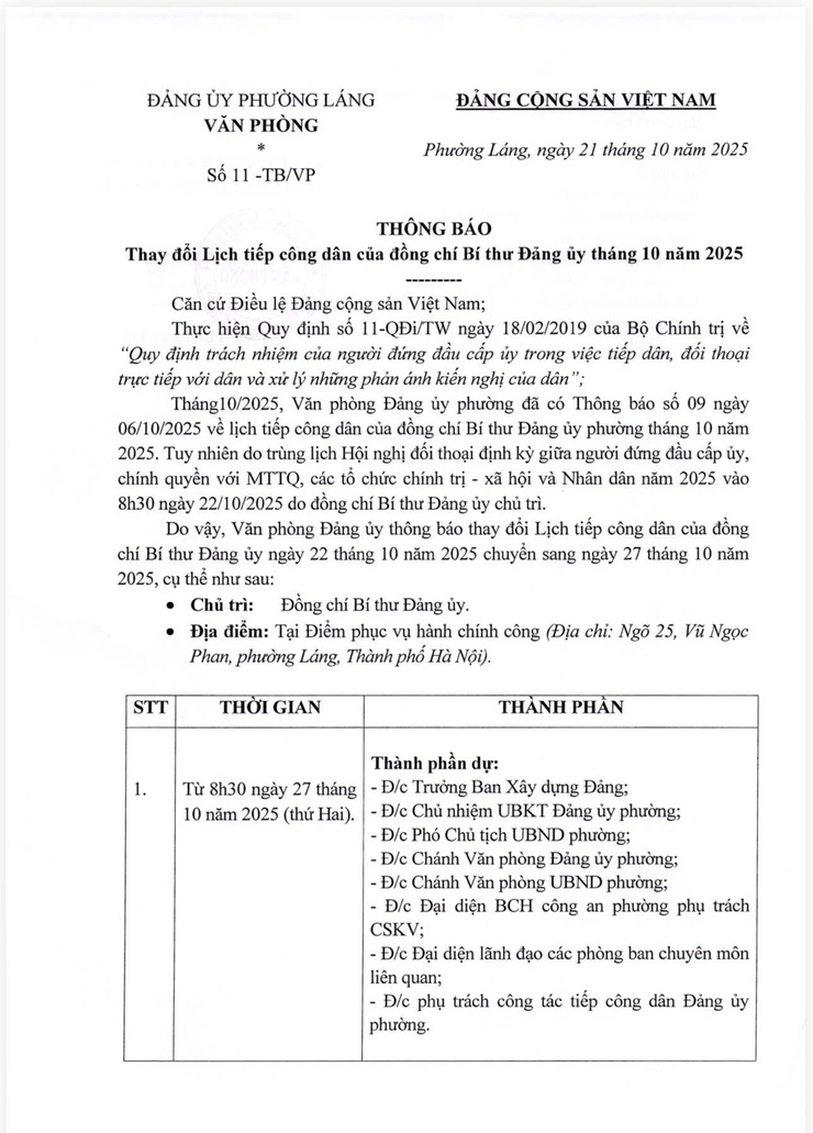 Thay đổi lịch tiếp công dân của đồng chí Bí thư Đảng uỷ tháng 10 năm 2025- Ảnh 1.