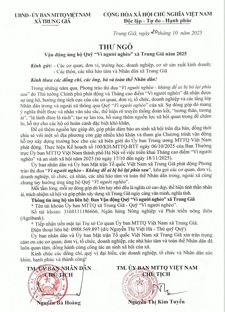 Thư ngỏ vận động ủng hộ Quỹ "Vì người nghèo" xã Trung Giã năm 2025- Ảnh 1.