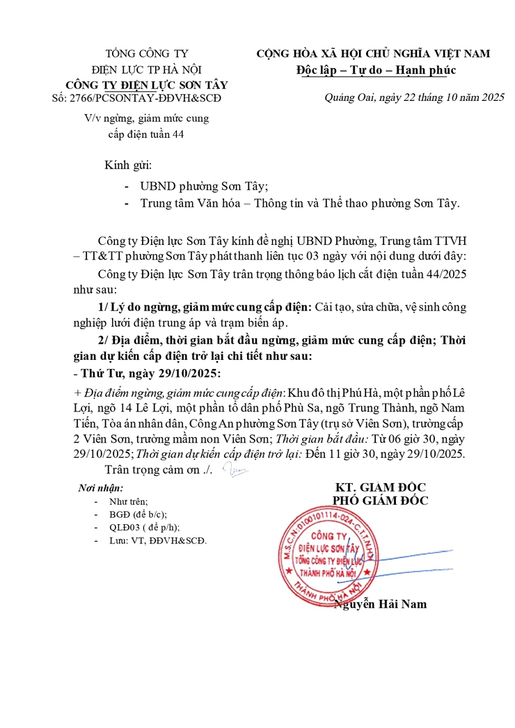 Thông báo về việc ngừng, giảm mức cung cấp điện tuần 44 của Công ty Điện lực Sơn Tây- Ảnh 1.
