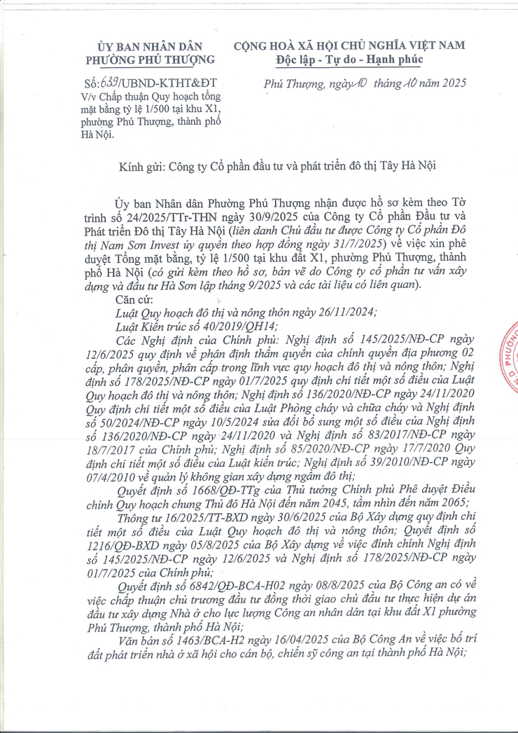 Công bố, công khai Quy hoạch Tổng mặt bằng, tỷ lệ 1/500 tại khu đất X1, phường Phú Thượng, thành phố Hà Nội- Ảnh 1.