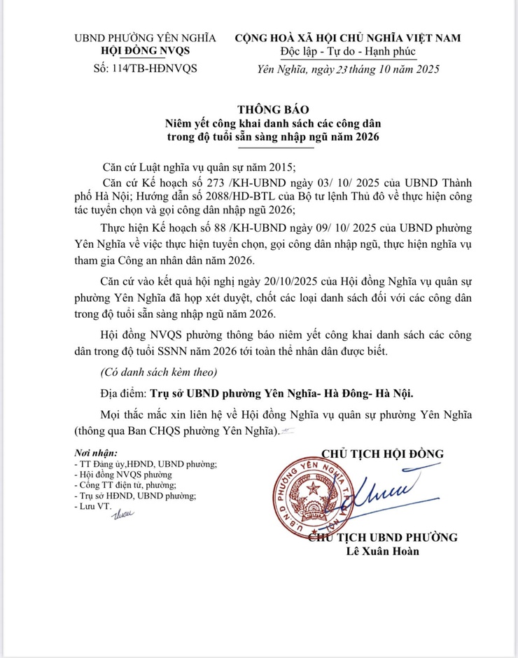 THÔNG BÁO DANH SÁCH CÔNG DÂN TRONG ĐỘI TUỔI SẴN SÀNG NHẬP NGŨ NĂM 2026- Ảnh 1.