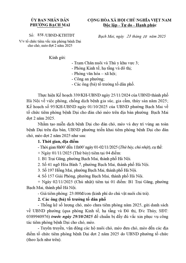 Thông báo lịch tổ chức tiêm vắc xin phòng bệnh Dại cho chó, mèo đợt 2 năm 2025 phường Bạch Mai- Ảnh 1.