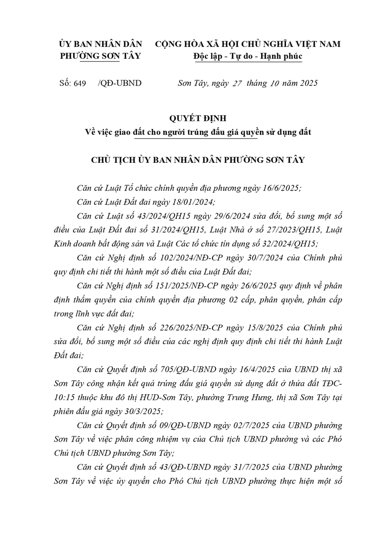 Thông báo công khai Quyết định về việc giao đất cho người trúng đấu giá Quyền sử dụng đất- Ảnh 1.
