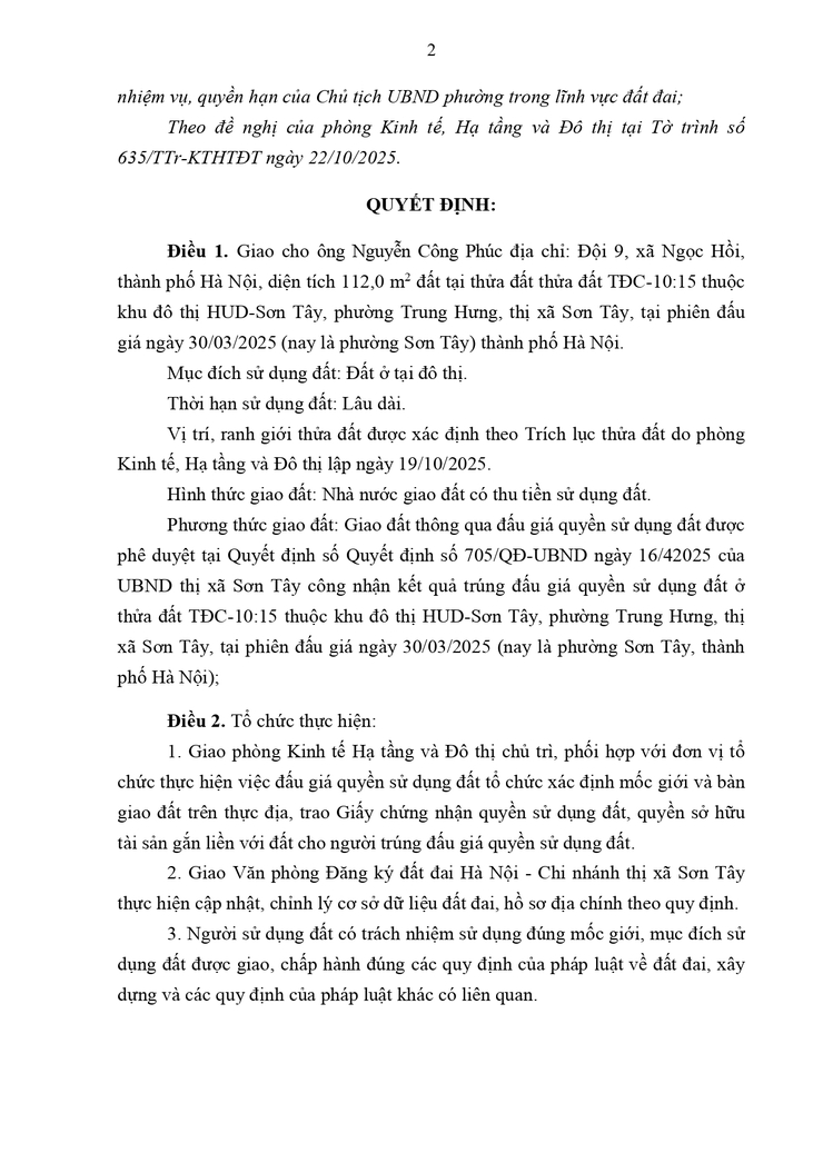 Thông báo công khai Quyết định về việc giao đất cho người trúng đấu giá Quyền sử dụng đất- Ảnh 2.