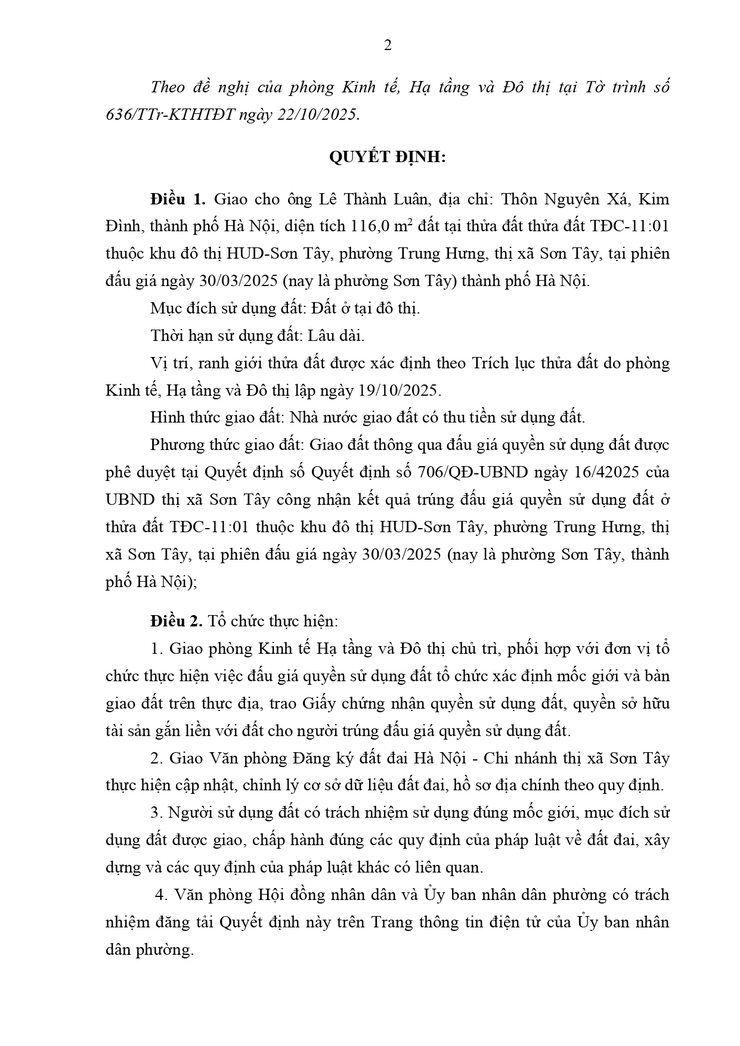 Thông báo công khai Quyết định về việc giao đất cho người trúng đấu giá Quyền sử dụng đất- Ảnh 2.