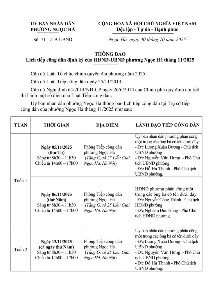Lịch tiếp công dân định kỳ của HĐND-UBND phường Ngọc Hà tháng 11/2025- Ảnh 1.