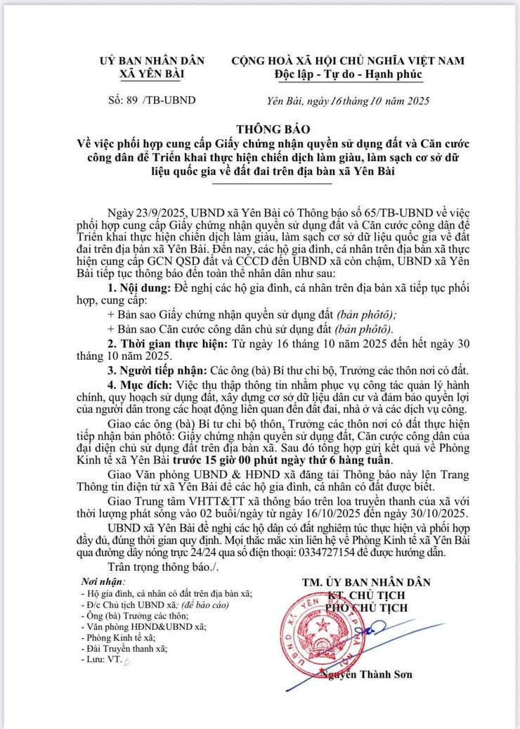 Phối hợp cung cấp Giấy chứng nhận quyền sử dụng đất và Căn cước công dân để triển khai thực hiện chiến dịch làm giàu, làm sạch cơ sở dữ liệu quốc gia về đất đai trên địa bàn xã Yên Bài.- Ảnh 1.