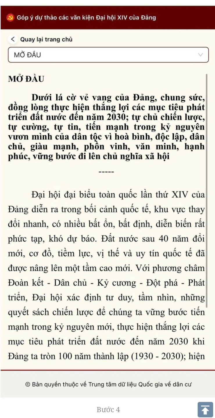 HƯỚNG DẪN: Góp ý các dự thảo văn kiện Đại Hội Đại Biểu toàn quốc lần thứ XIV của đảng trên ứng dụng VNEID- Ảnh 4.