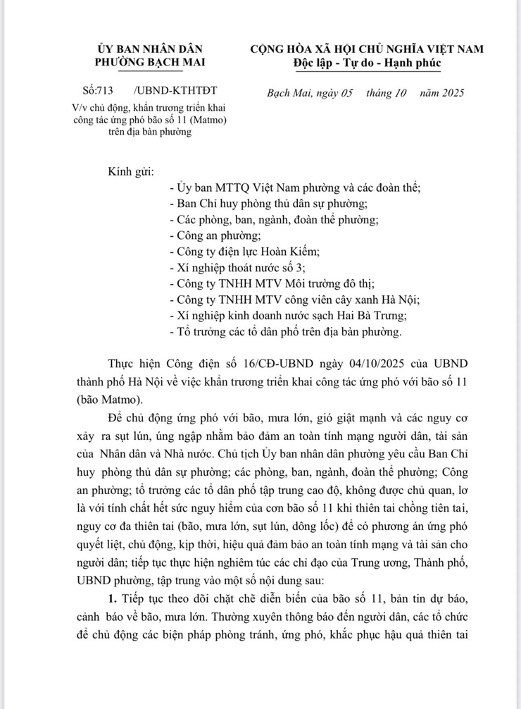 Công văn số 713/UBND ngày 05/10/2025 của UBND phường Bạch Mai về chủ động khẩn trương triển khai ứng phó cơn bão số 11 trên địa bàn phường- Ảnh 1.
