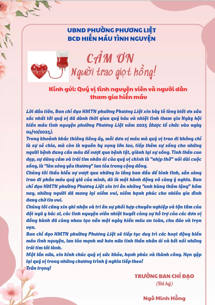 Ban chỉ đạo Hiến máu tình nguyện phường Phương Liệt gửi thư cảm ơn các tình nguyện viên và người dân đã tham gia hiến máu tình nguyện- Ảnh 1.