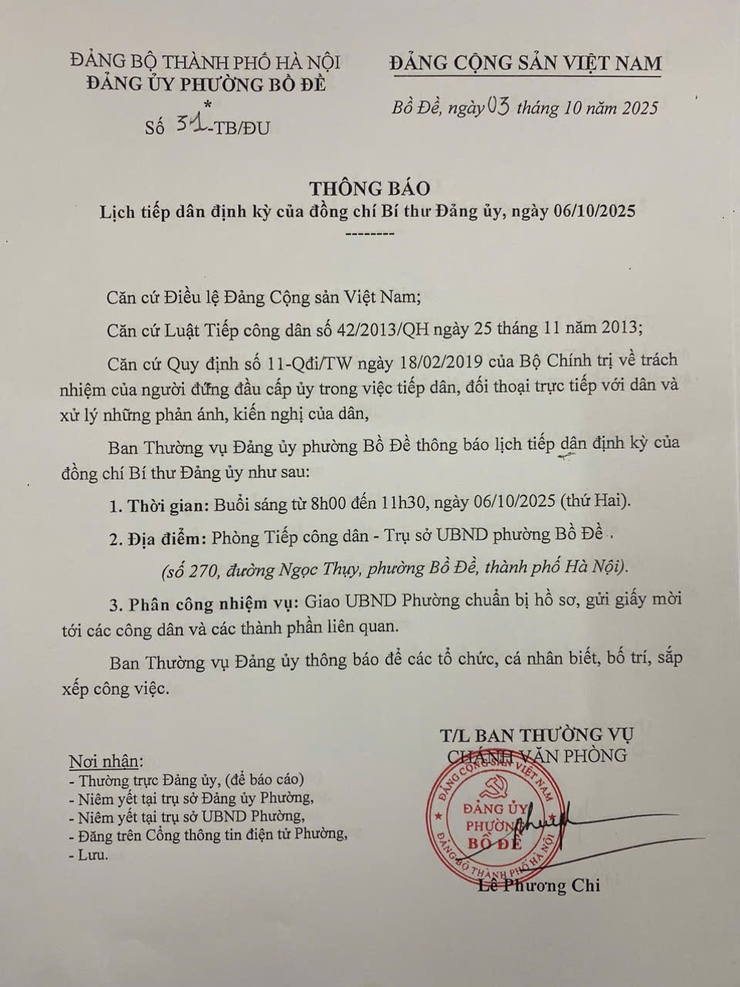 Thông báo lịch tiếp công dân định kỳ của đồng chí Bí thư Đảng uỷ, ngày 06/10/2025- Ảnh 1.