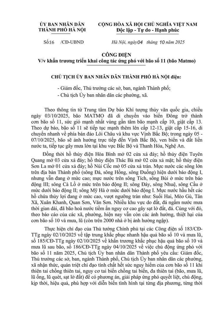 Công điện của Chủ tịch UBND Thành phố Hà Nội- Ảnh 1.