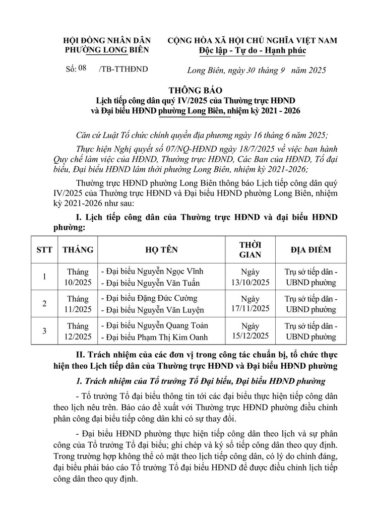 Thông báo Lịch tiếp công dân quý IV/2025 của Thường trực HĐND và Đại biểu HĐND phường Long Biên, nhiệm kỳ 2021 - 2026- Ảnh 1.