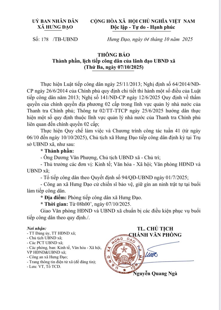 THÔNG BÁO
Thành phần, lịch tiếp công dân của lãnh đạo UBND xã (Thứ Ba, ngày 07/10/2025)- Ảnh 1.