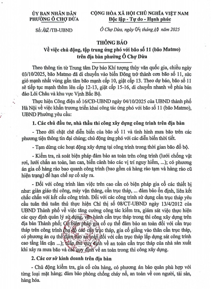 Phường Ô Chợ Dừa chủ động, tập trung ứng phó với bão Matmo trên địa bàn- Ảnh 1.