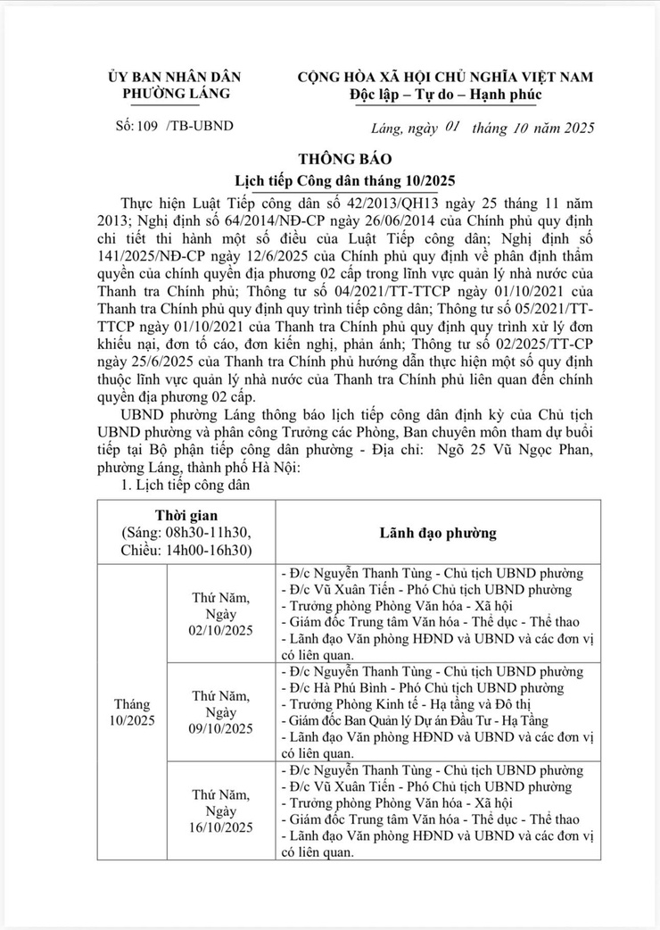 Lịch tiếp công dân của Đồng chí Bí thư Đảng uỷ Tháng 10- Ảnh 2.
