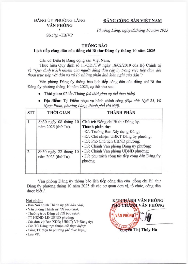 Lịch tiếp công dân của Đồng chí Bí thư Đảng uỷ Tháng 10- Ảnh 1.