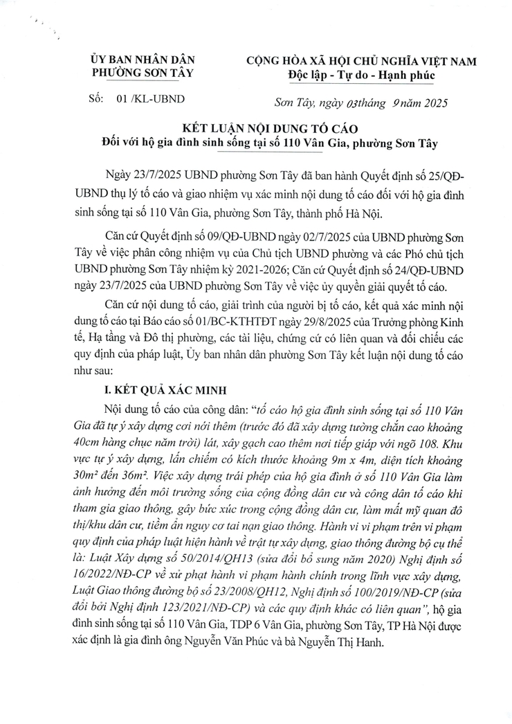 Thông báo công khai Kết luận nội dung tố cáo của UBND phường Sơn Tây- Ảnh 1.
