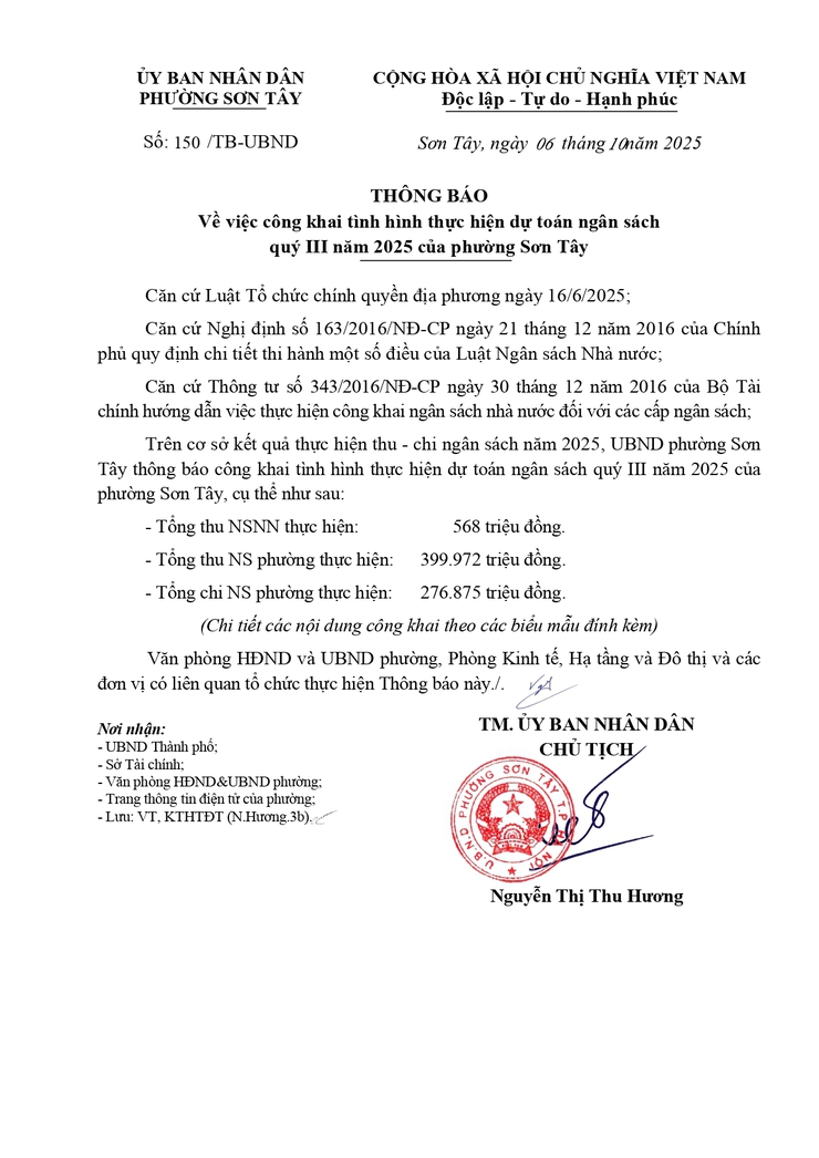 Thông báo công khai tình hình thực hiện dự toán ngân sách Quý III/2025 của phường Sơn Tây- Ảnh 1.