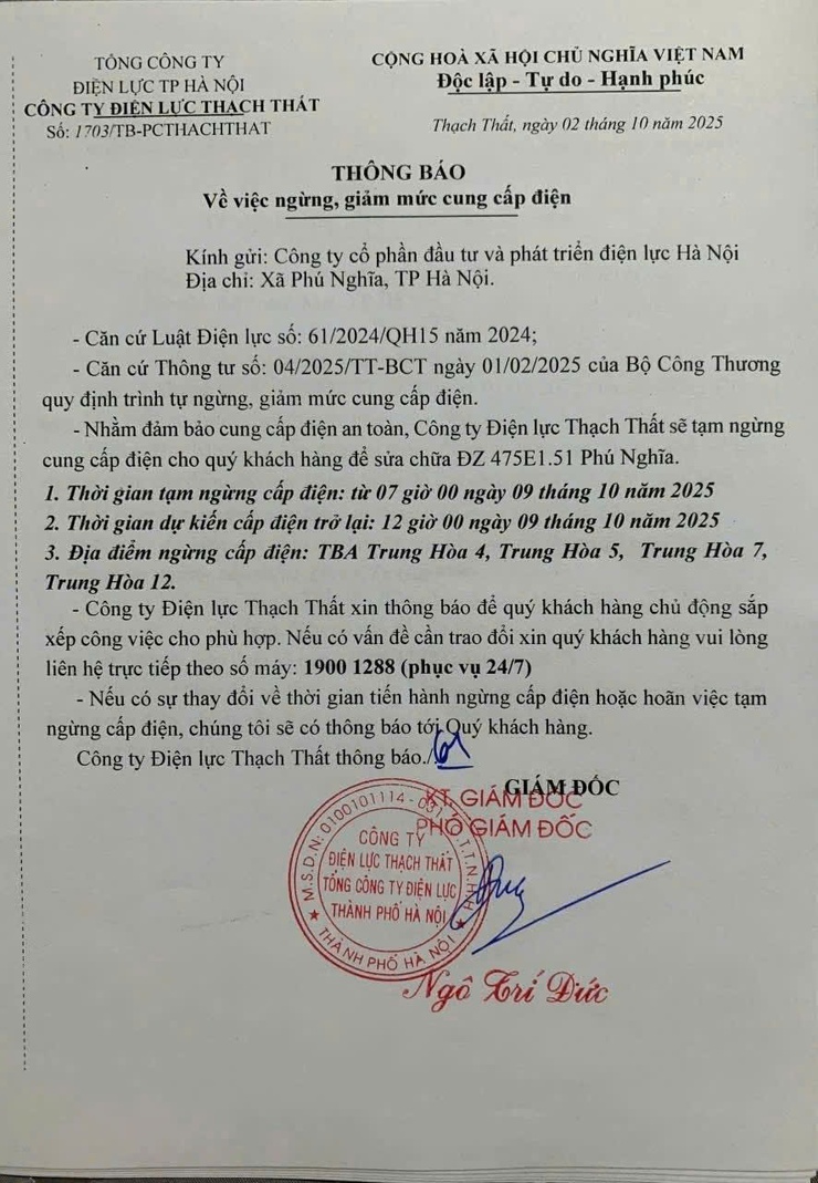 Thông báo về việc ngừng, giảm mức cung cấp điện- Ảnh 1.