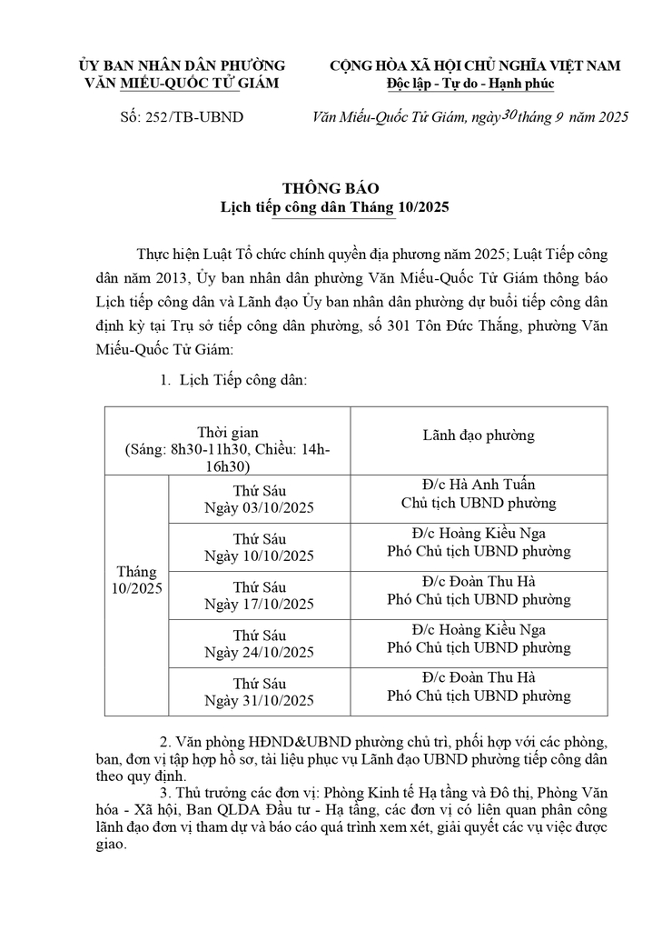 Thông báo lịch tiếp Công dân tháng 10 năm 2025 của UBND phường Văn Miếu - Quốc Tử Giám- Ảnh 1.
