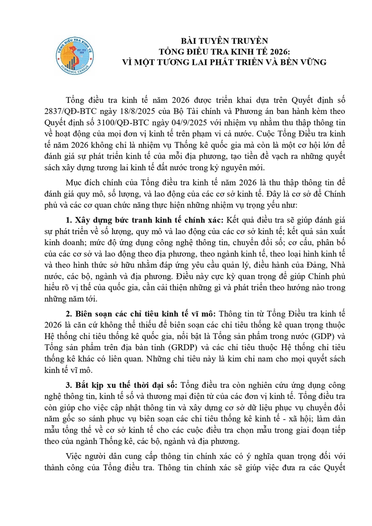 Bài tuyên truyền: Tổng điều tra kinh tế 2026 "Vì một tương lai phát triển bền vững".

- Ảnh 1.