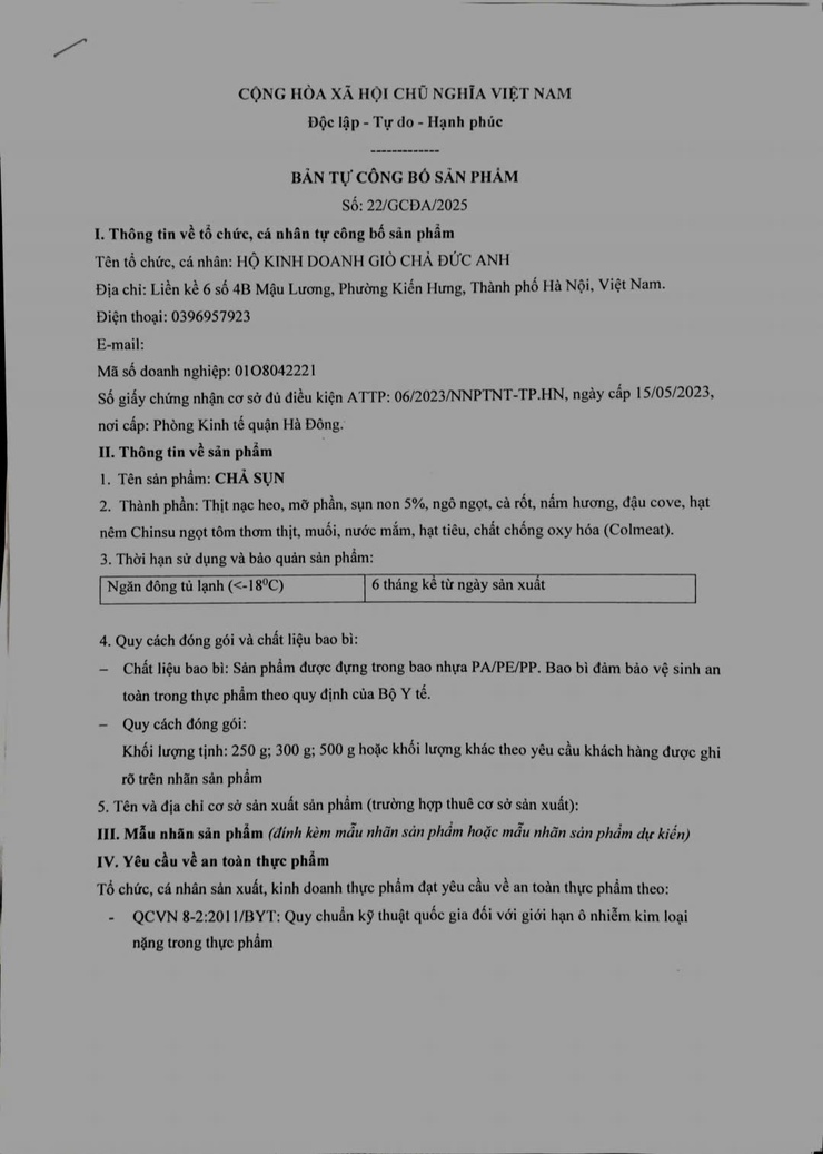 BẢN TỰ CÔNG BỐ SẢN PHẨM HỘ KINH DOANH GIÒ CHẢ ĐỨC ANH- Ảnh 1.