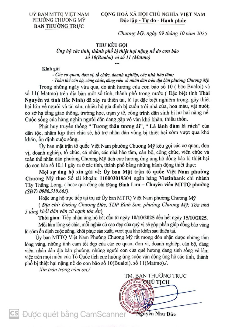 Thư kêu gọi ủng hộ các tỉnh, thành phố bị thiệt hại nặng nề do cơn bão số 10 (Bualoi) và số 11 (Matmo)- Ảnh 1.