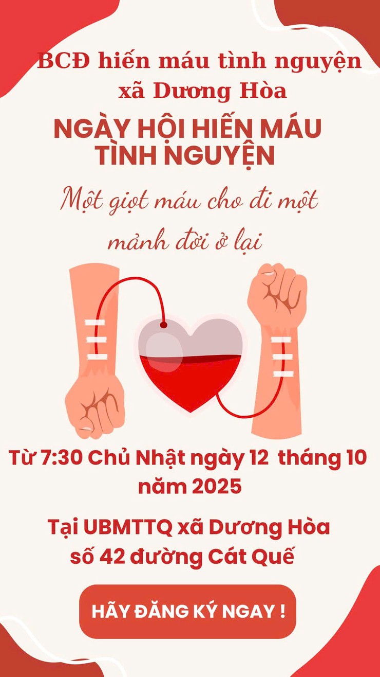 Xã Dương Hoà tổ chức Ngày hội Hiến máu tình nguyện vào ngày 12/10- Ảnh 1.