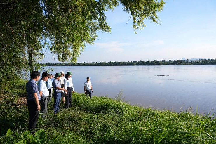 Đồng chí Đặng Thị Huyền, Bí thư Đảng ủy, Chủ tịch HĐND xã Phù Đổng kiểm tra thực tế tuyến đê trên địa bàn- Ảnh 1.