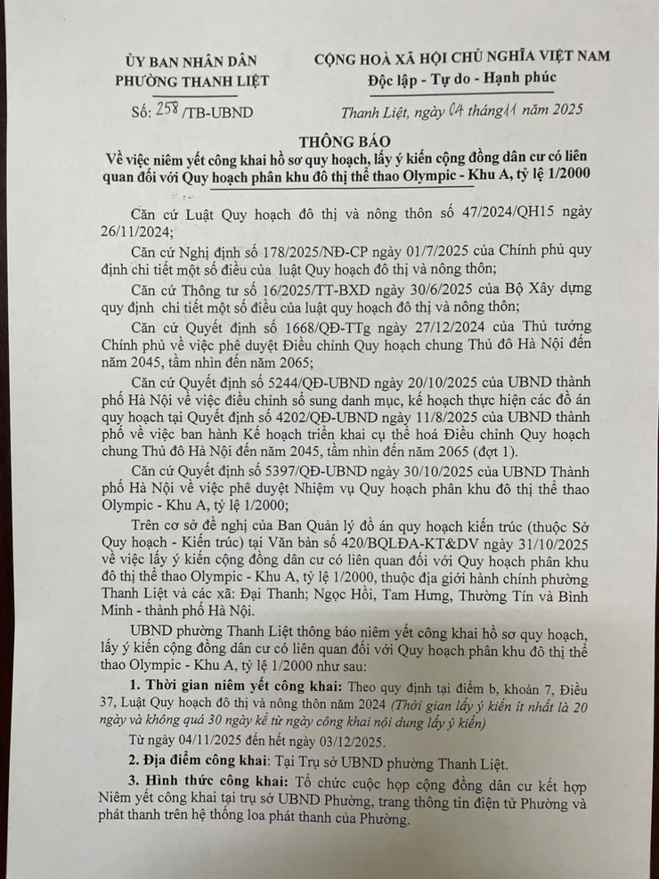 UBND Phường Thanh Liệt: Công khai hồ sơ quy hoạch, lấy ý kiến cộng đồng dân cư có liên quan đối với Quy hoạch phân khu đô thị thể thao Olympic - Khu A , tỷ lệ 1/2000- Ảnh 2.