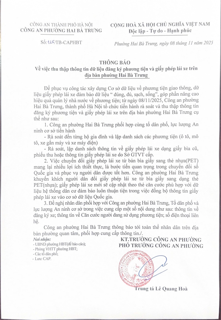 Thông báo về việc thu thập thông tin dữ liệu đăng ký phương tiện và giấy phép lái xe trên địa bàn phường Hai Bà Trưng.- Ảnh 1.